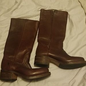 Mahogany brown Frye leather boots with thick heel